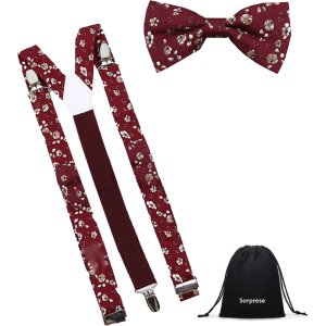 Sorprese Luxe bretels inclusief vlinderdas - Gebloemd - Bordeaux - met stevige clip - bretels - vlinderdas - strik - strikje - luxe - heren - unisex - giftset