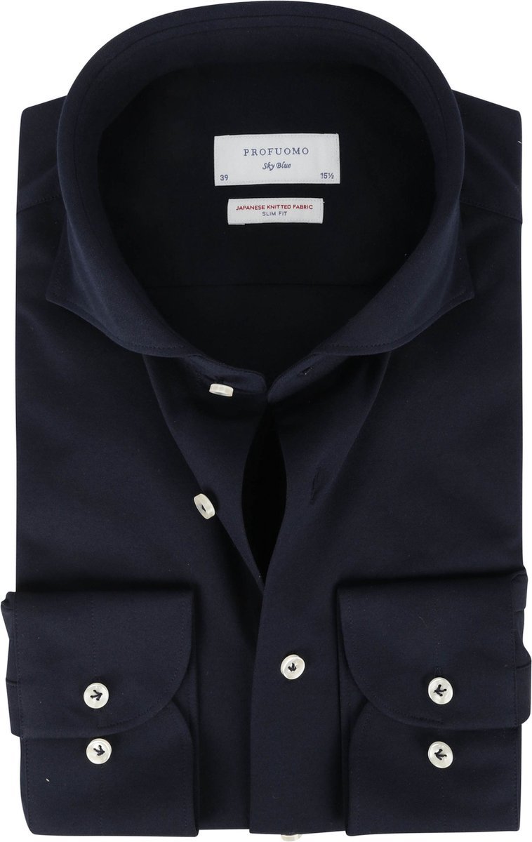 Profuomo Japanese Knitted Overhemd Donkerblauw - Maat 38 - Heren - Overhemden Formeel